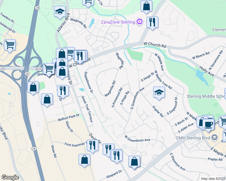 map of restaurants, bars, coffee shops, grocery stores, and more near 136 Magnolia Road in Sterling