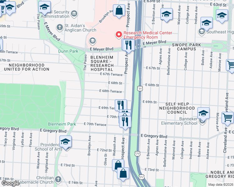 map of restaurants, bars, coffee shops, grocery stores, and more near 2408 East 68th Terrace in Kansas City