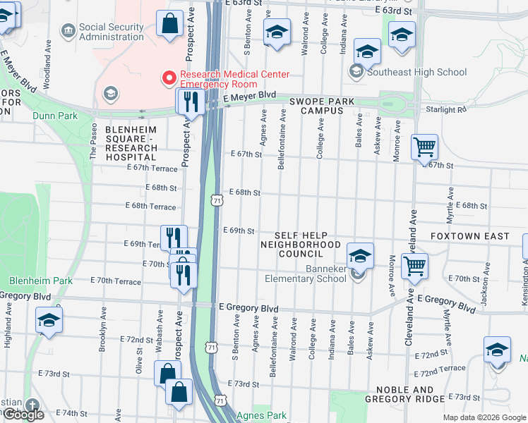 map of restaurants, bars, coffee shops, grocery stores, and more near 2911 East 68th Street in Kansas City