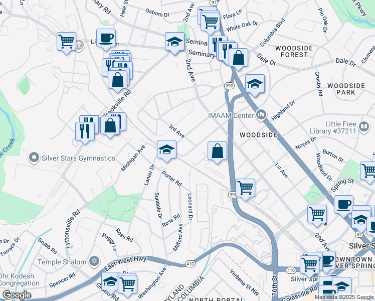 map of restaurants, bars, coffee shops, grocery stores, and more near 2007 Grace Church Road in Silver Spring