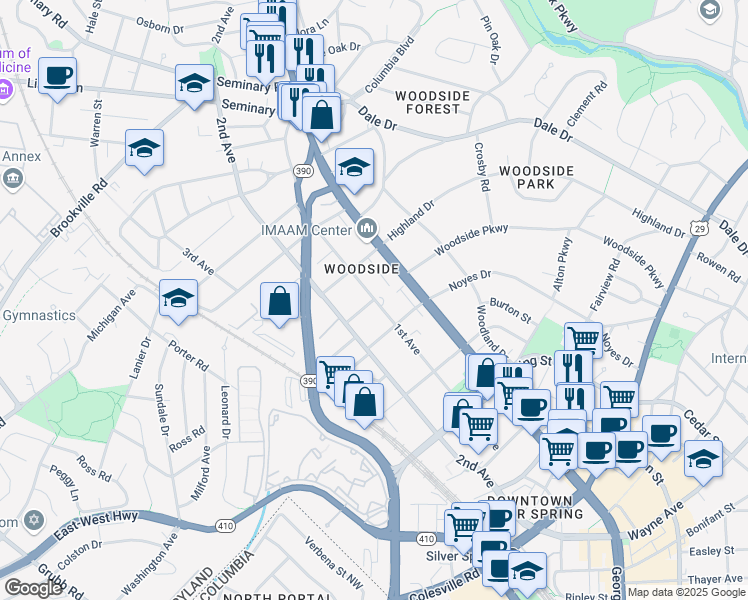 map of restaurants, bars, coffee shops, grocery stores, and more near 1163 Wilson Place in Silver Spring