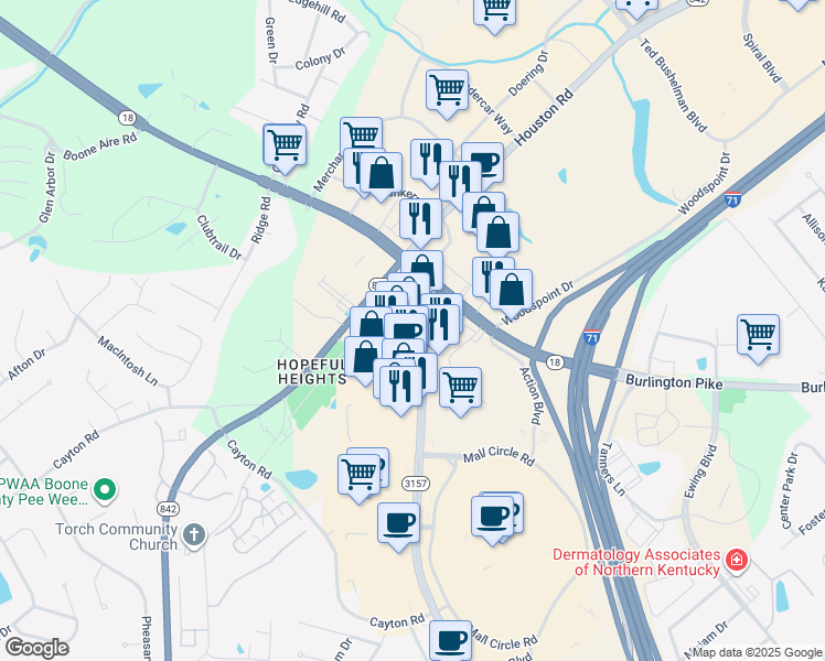 map of restaurants, bars, coffee shops, grocery stores, and more near 7533 Mall Road in Florence