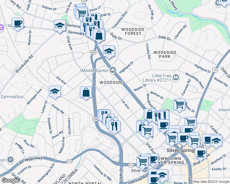 map of restaurants, bars, coffee shops, grocery stores, and more near 1163 Wilson Place in Silver Spring