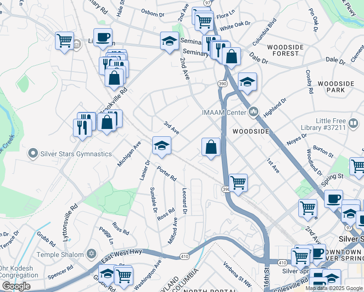 map of restaurants, bars, coffee shops, grocery stores, and more near 2007 Grace Church Road in Silver Spring