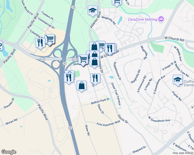 map of restaurants, bars, coffee shops, grocery stores, and more near 45326 Gable Square in Sterling