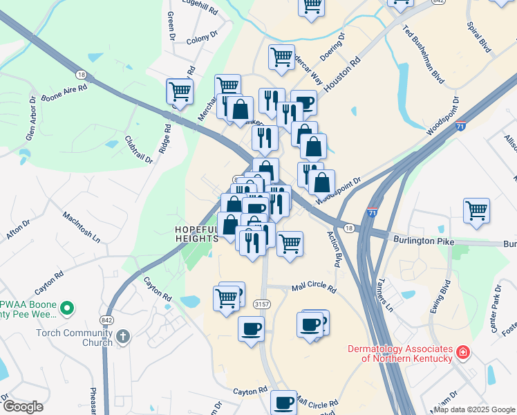 map of restaurants, bars, coffee shops, grocery stores, and more near 7533 Mall Road in Florence