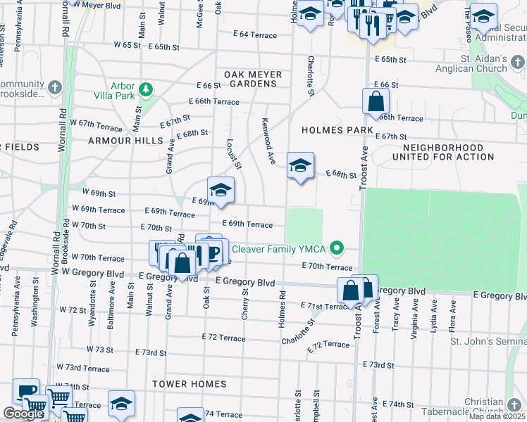 map of restaurants, bars, coffee shops, grocery stores, and more near 6855 Cherry Street in Kansas City