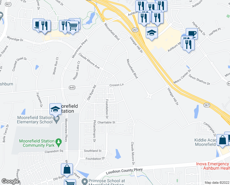 map of restaurants, bars, coffee shops, grocery stores, and more near 22250 Rivanna Shore Terrace in Ashburn
