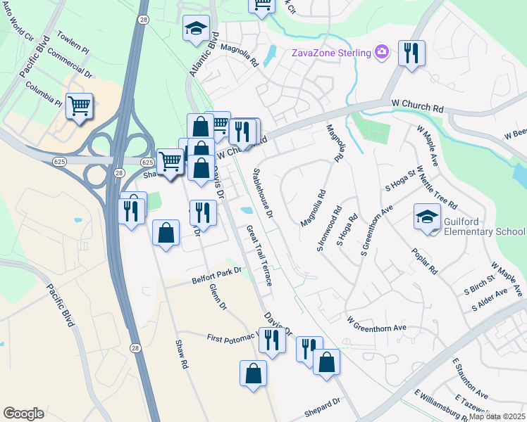 map of restaurants, bars, coffee shops, grocery stores, and more near 22236 Stablehouse Drive in Sterling
