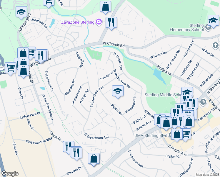 map of restaurants, bars, coffee shops, grocery stores, and more near 811 South Filbert Court in Sterling