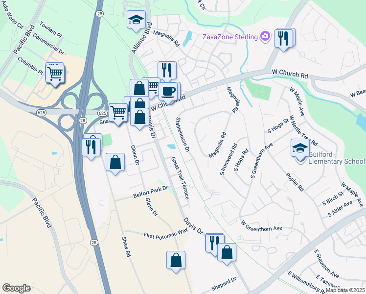 map of restaurants, bars, coffee shops, grocery stores, and more near 22236 Stablehouse Drive in Sterling
