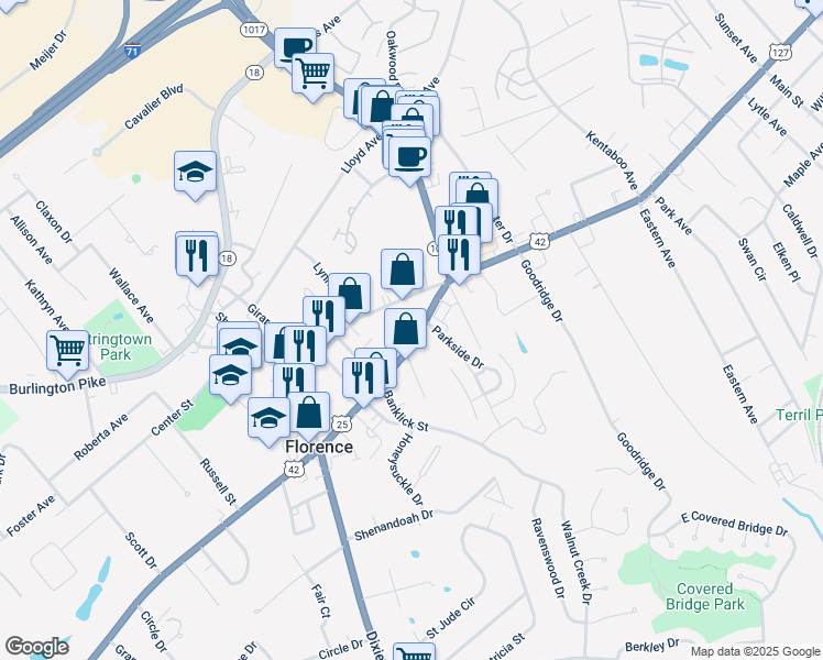 map of restaurants, bars, coffee shops, grocery stores, and more near 6808 Dixie Highway in Florence