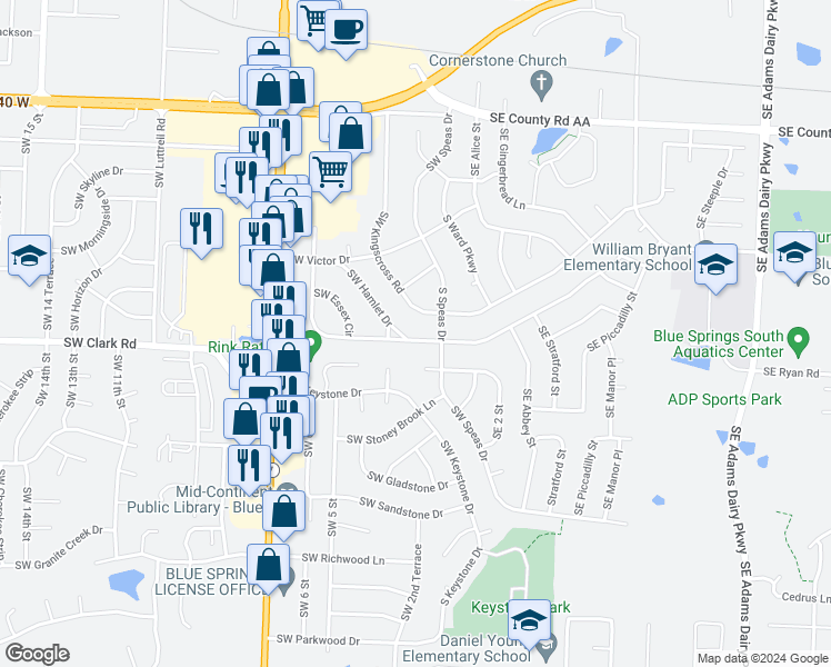 map of restaurants, bars, coffee shops, grocery stores, and more near 213 Southwest Westminister Road in Blue Springs