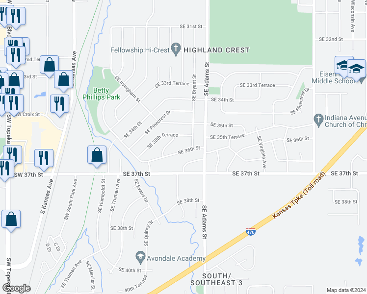 map of restaurants, bars, coffee shops, grocery stores, and more near 516 Southeast 36th Street in Topeka