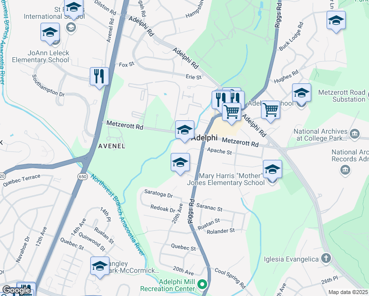 map of restaurants, bars, coffee shops, grocery stores, and more near 8910 Riggs Road in Adelphi