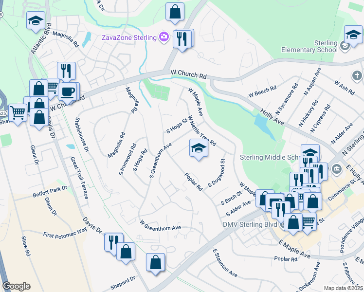 map of restaurants, bars, coffee shops, grocery stores, and more near 811 South Filbert Court in Sterling