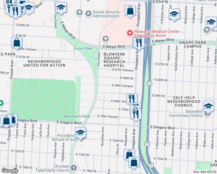 map of restaurants, bars, coffee shops, grocery stores, and more near 2224 East 68th Terrace in Kansas City