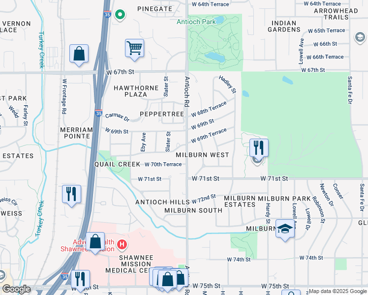 map of restaurants, bars, coffee shops, grocery stores, and more near 8672 West 69th Terrace in Overland Park