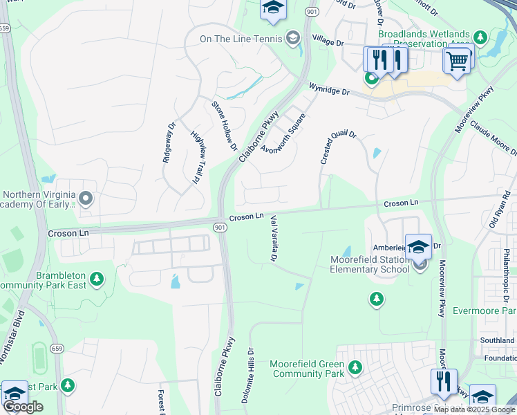 map of restaurants, bars, coffee shops, grocery stores, and more near 42961 Thornblade Circle in Ashburn