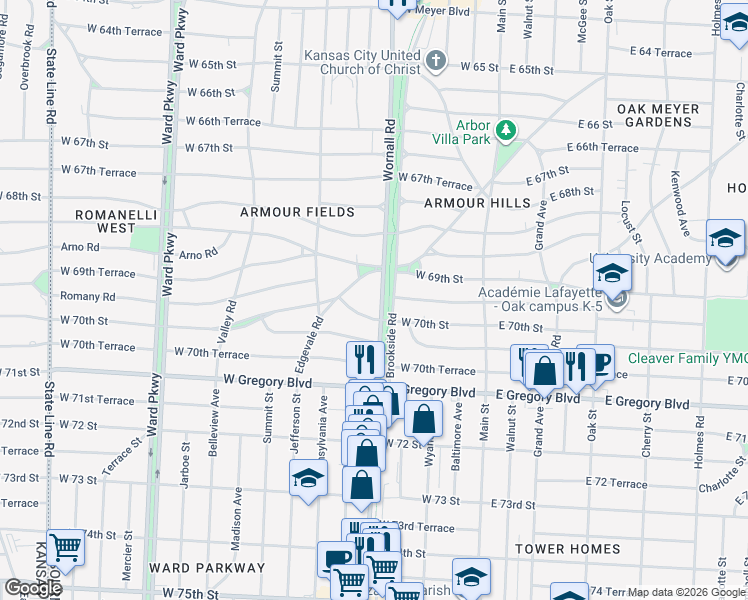map of restaurants, bars, coffee shops, grocery stores, and more near 6919 Edgevale Road in Kansas City