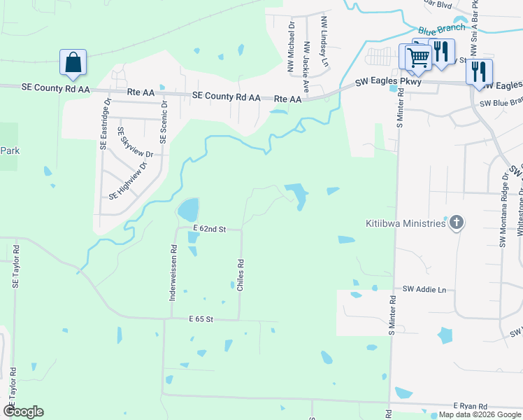 map of restaurants, bars, coffee shops, grocery stores, and more near 6205 Chiles Road in Blue Springs