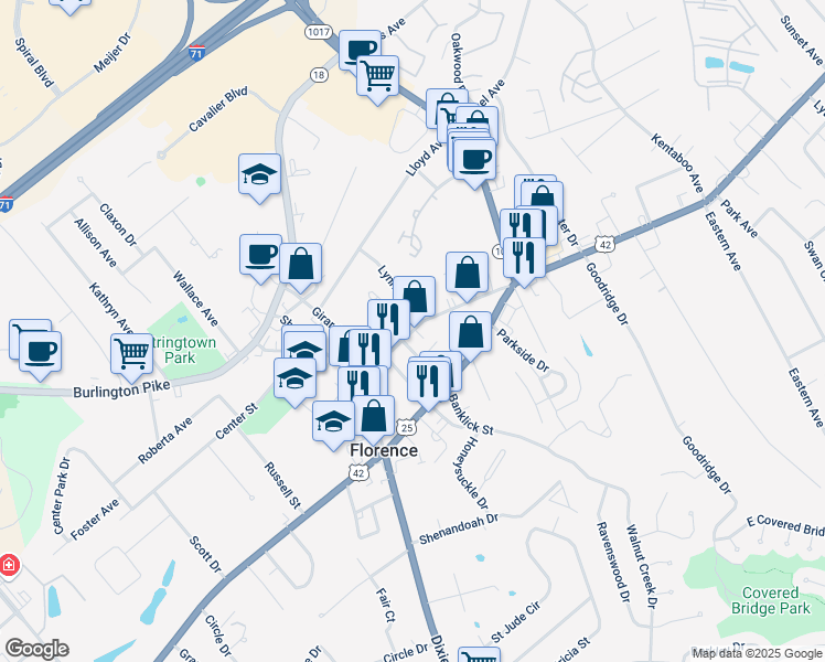 map of restaurants, bars, coffee shops, grocery stores, and more near Main Street in Florence