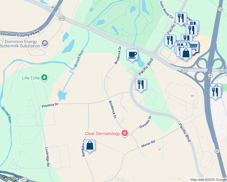 map of restaurants, bars, coffee shops, grocery stores, and more near 44900 Prentice Drive in Sterling