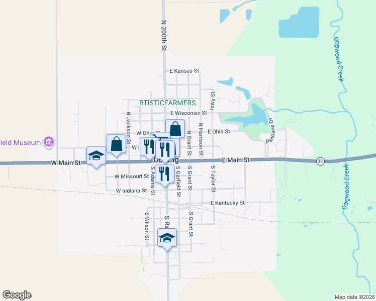 map of restaurants, bars, coffee shops, grocery stores, and more near 201-299 East Illinois Street in Oblong