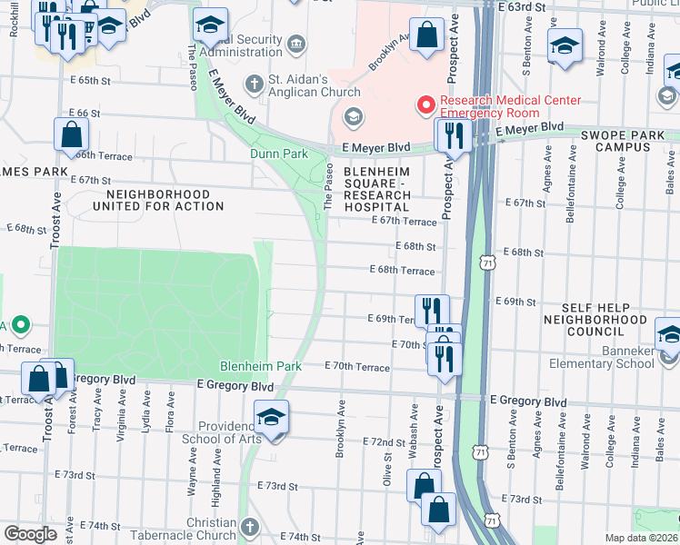 map of restaurants, bars, coffee shops, grocery stores, and more near 2118 East 68th Terrace in Kansas City