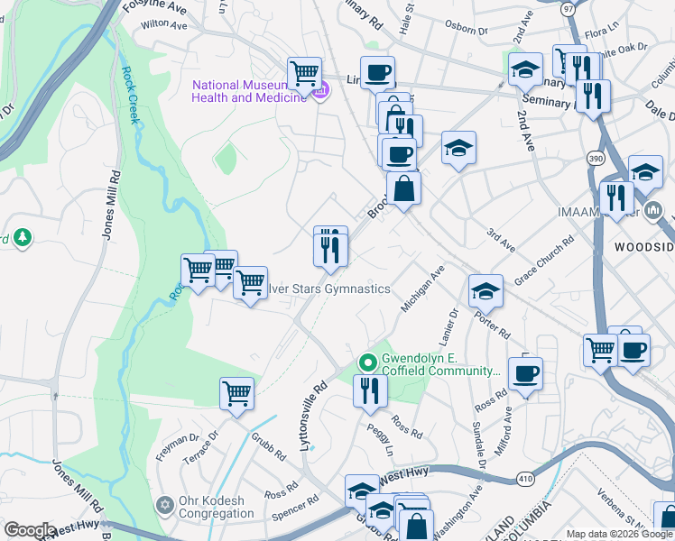 map of restaurants, bars, coffee shops, grocery stores, and more near 8921 Brookville Road in Silver Spring