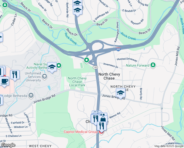 map of restaurants, bars, coffee shops, grocery stores, and more near 3905 Woodlawn Road in Chevy Chase
