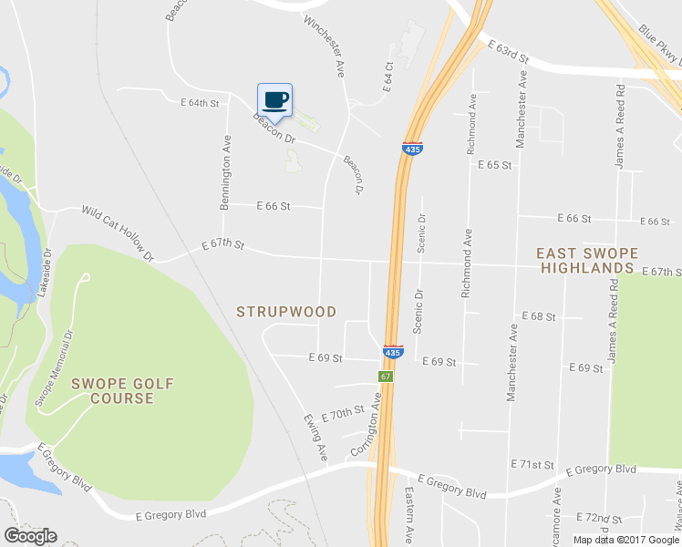 map of restaurants, bars, coffee shops, grocery stores, and more near 7007 East 67th Street in Kansas City