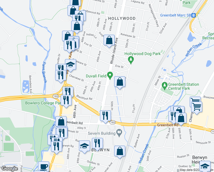 map of restaurants, bars, coffee shops, grocery stores, and more near Rhode Island Ave & Cherokee St in College Park