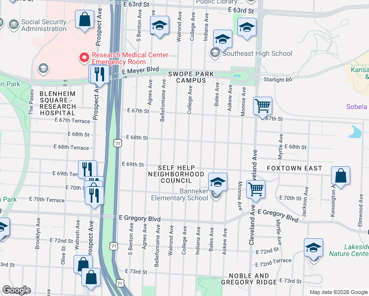 map of restaurants, bars, coffee shops, grocery stores, and more near 6801 Walrond Avenue in Kansas City