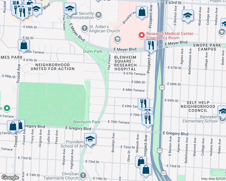 map of restaurants, bars, coffee shops, grocery stores, and more near 2118 East 68th Terrace in Kansas City