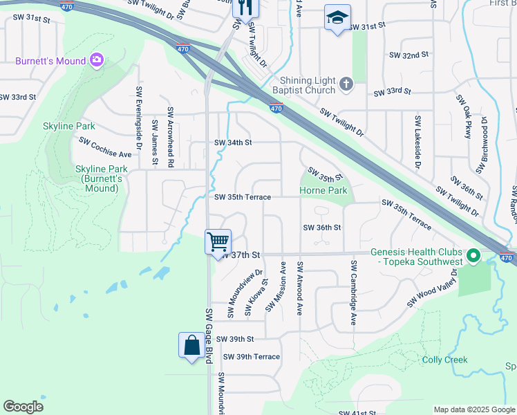 map of restaurants, bars, coffee shops, grocery stores, and more near 4031 Southwest 35th Terrace in Topeka