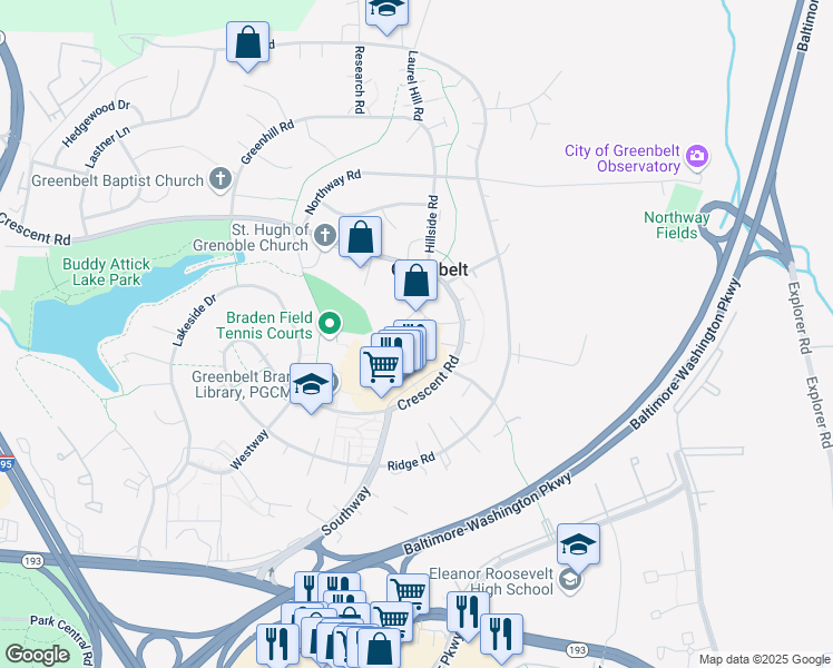 map of restaurants, bars, coffee shops, grocery stores, and more near 9 Parkway in Greenbelt