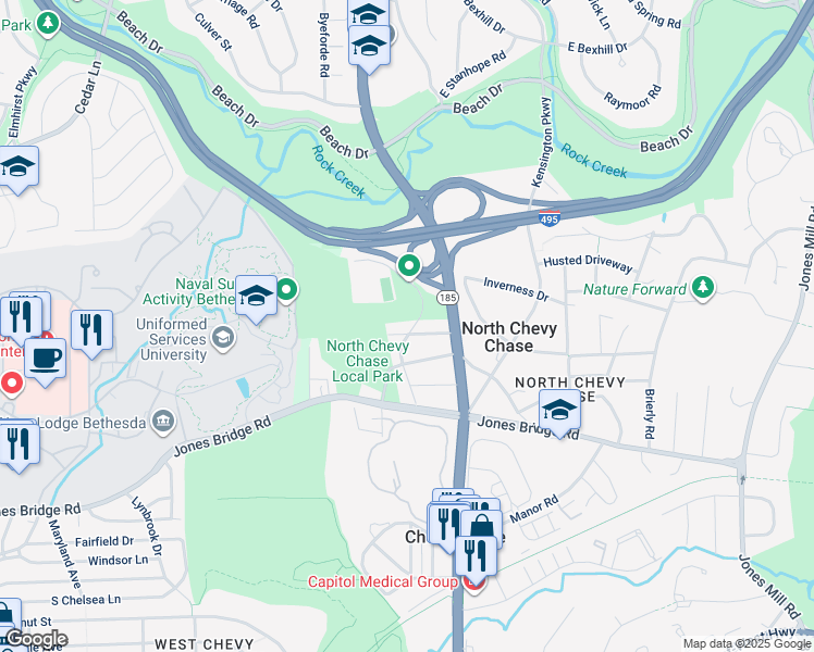 map of restaurants, bars, coffee shops, grocery stores, and more near 8912 Spring Valley Road in Chevy Chase
