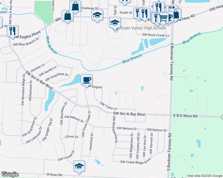 map of restaurants, bars, coffee shops, grocery stores, and more near 653 Southwest Crestview Drive in Grain Valley