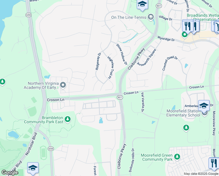 map of restaurants, bars, coffee shops, grocery stores, and more near 22193 Windy Pine Court in Ashburn