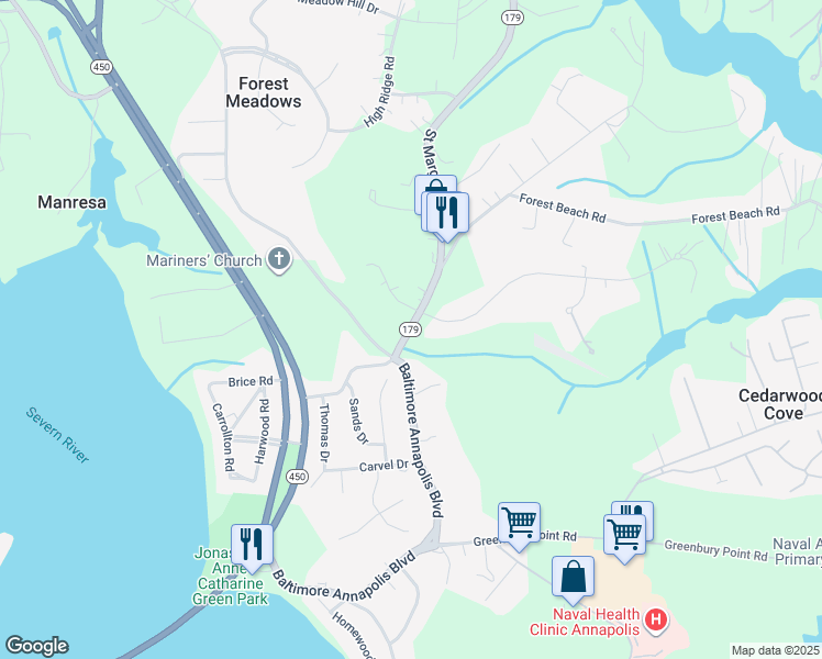 map of restaurants, bars, coffee shops, grocery stores, and more near Saint Margarets Road in Annapolis