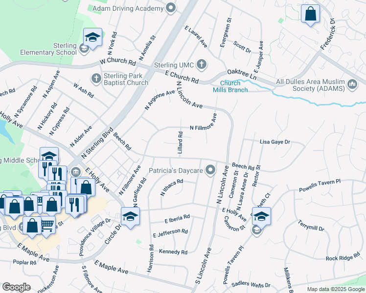 map of restaurants, bars, coffee shops, grocery stores, and more near 306 Lillard Road in Sterling