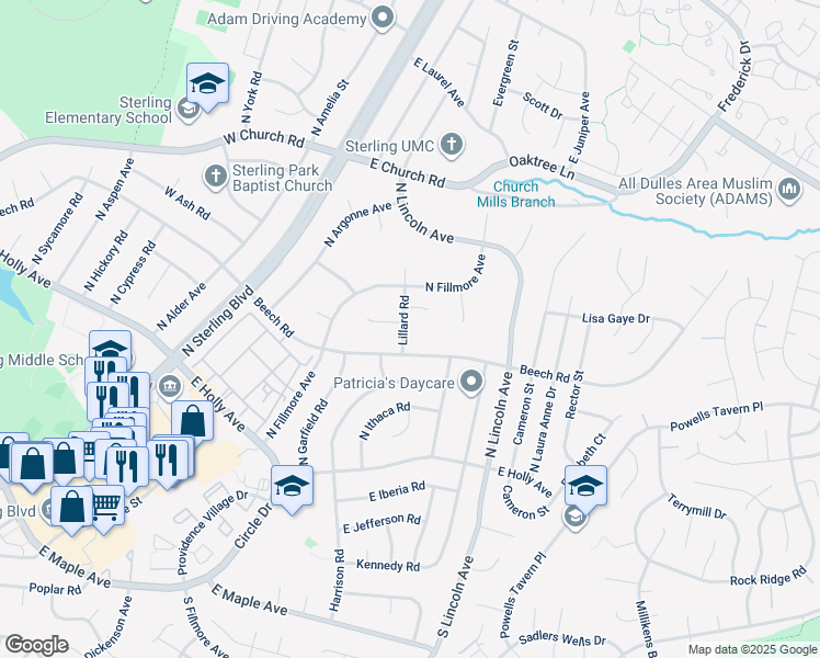 map of restaurants, bars, coffee shops, grocery stores, and more near 306 Lillard Road in Sterling