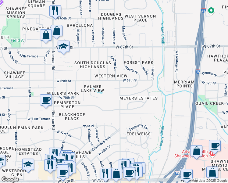 map of restaurants, bars, coffee shops, grocery stores, and more near 10300 West 69th Terrace in Shawnee