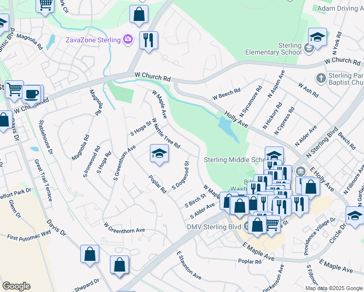map of restaurants, bars, coffee shops, grocery stores, and more near 512 West Nettle Tree Road in Sterling