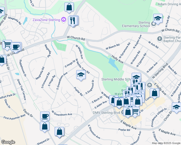 map of restaurants, bars, coffee shops, grocery stores, and more near 512 West Nettle Tree Road in Sterling