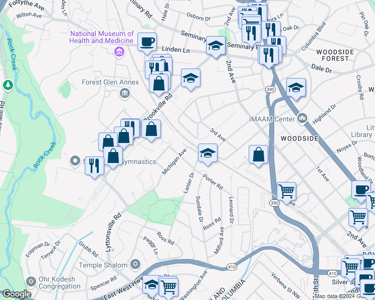 map of restaurants, bars, coffee shops, grocery stores, and more near 2200 Michigan Avenue in Silver Spring