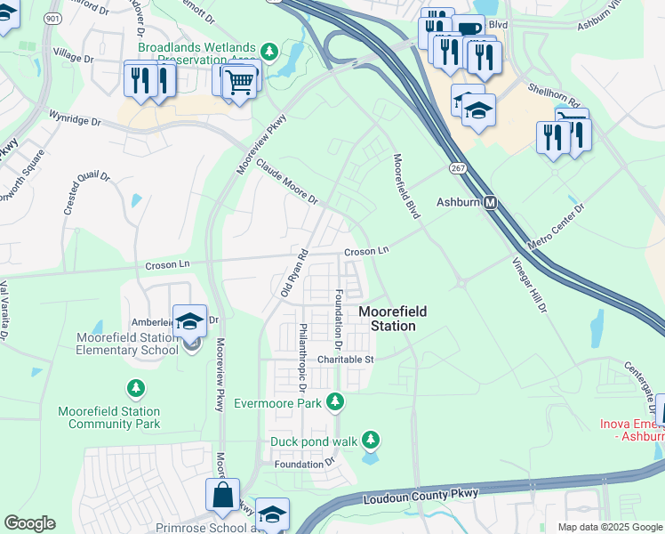 map of restaurants, bars, coffee shops, grocery stores, and more near 22138 Penelope Heights Terrace in Ashburn