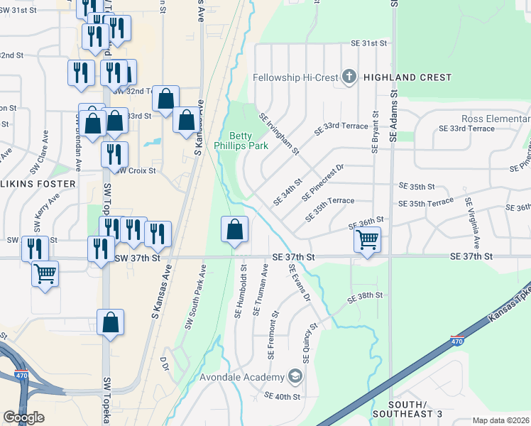 map of restaurants, bars, coffee shops, grocery stores, and more near 3450 Southeast Girard Street in Topeka
