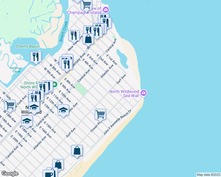 map of restaurants, bars, coffee shops, grocery stores, and more near 400 Surf Avenue in North Wildwood